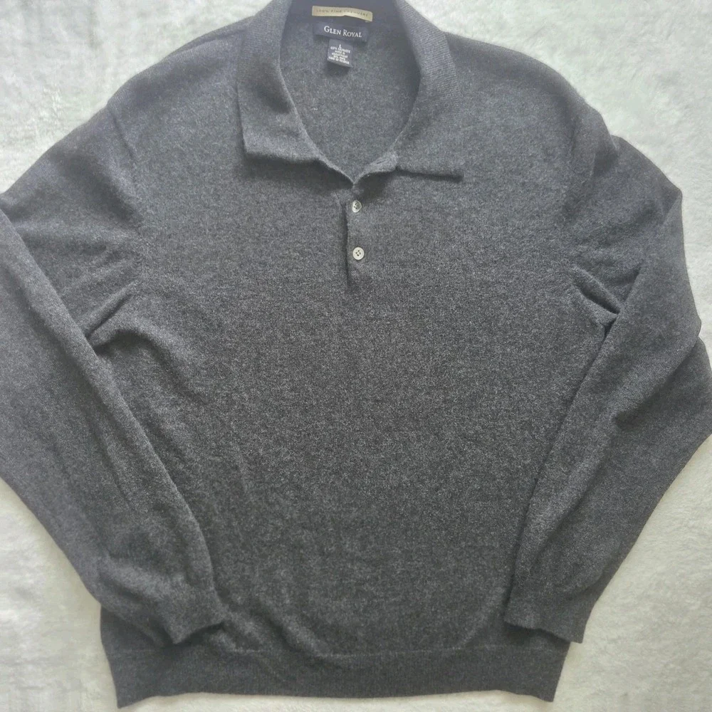 Glen Royal 100% Fine Cashmere Charcoal Grey Collared Button Sweater Mens Large